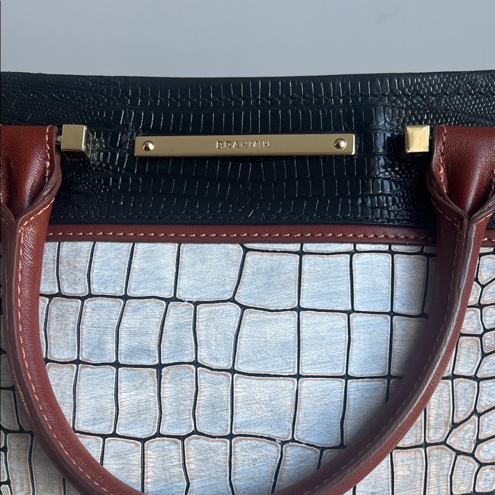 Brahmin Black & Brown Satchel with White Croc-Embossed Panel - Picture 4 of 11